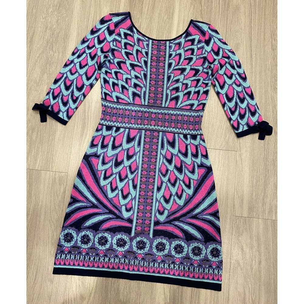 Lilly Pulitzer Dress Blue Bell Pink Teal Sleeve Silk Cotton Blend XS EUC